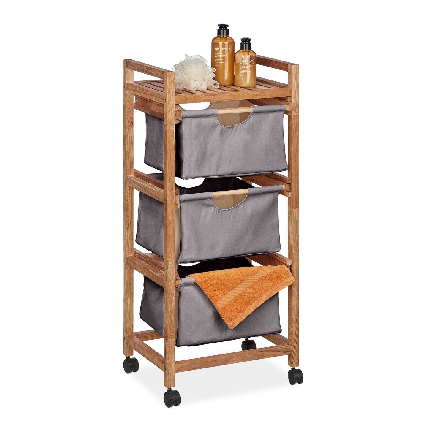 Bathroom shelf with 3 laundry baskets gray