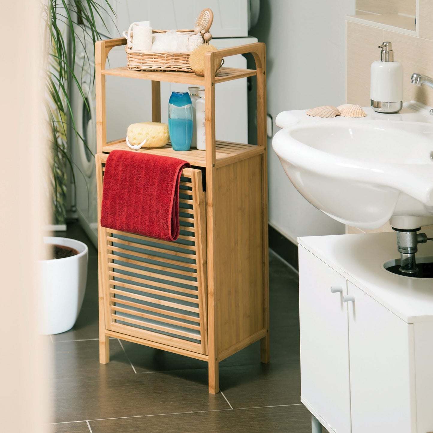Bathroom shelf with bamboo laundry basket