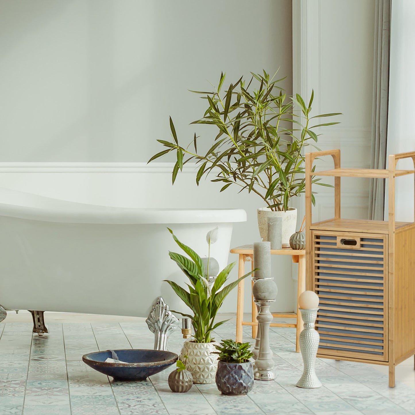Bathroom shelf with bamboo laundry basket