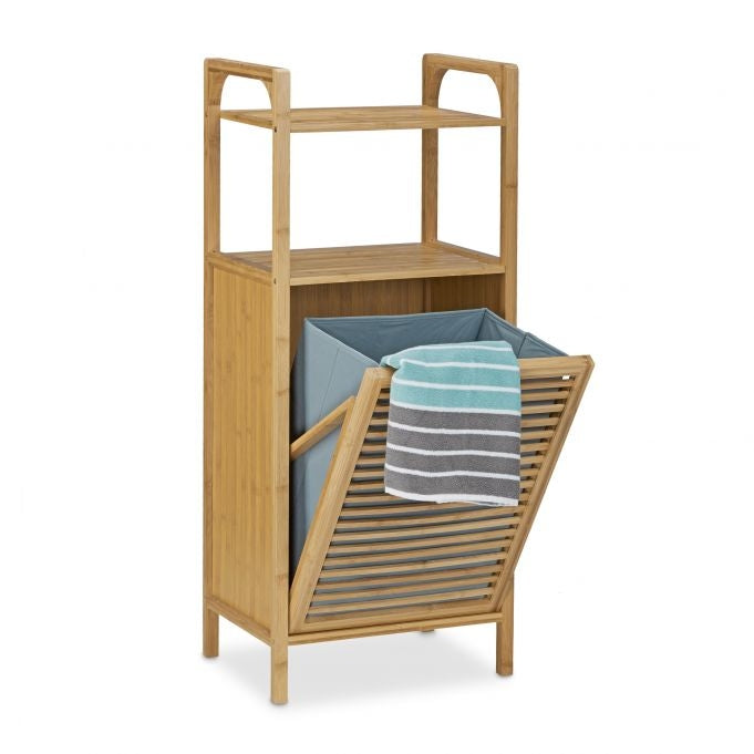 Bathroom shelf with bamboo laundry basket
