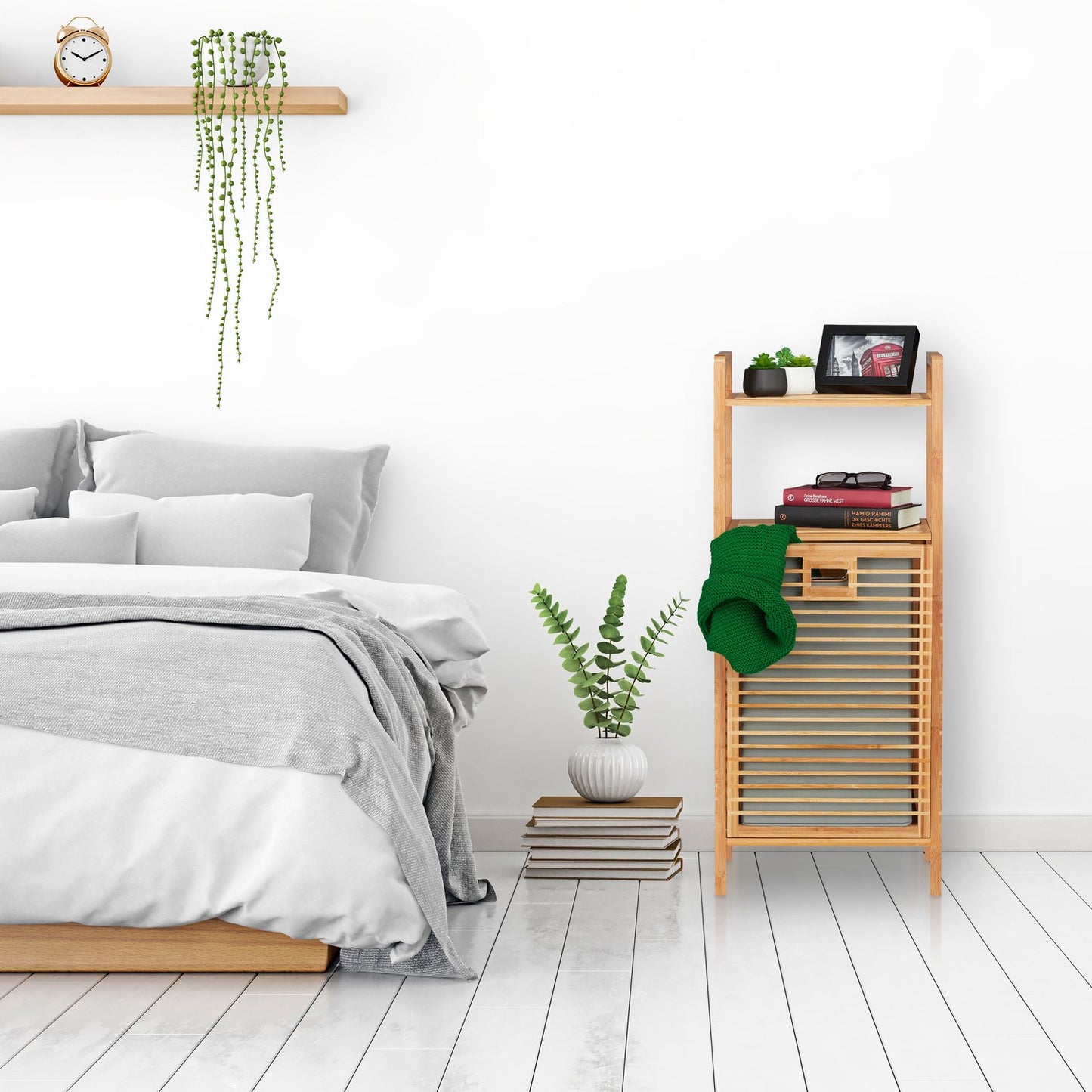 Bathroom shelf with laundry basket