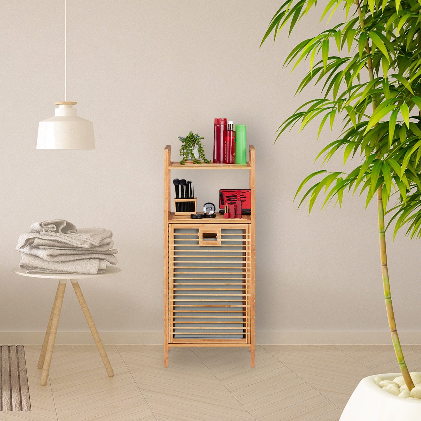 Bathroom shelf with laundry basket