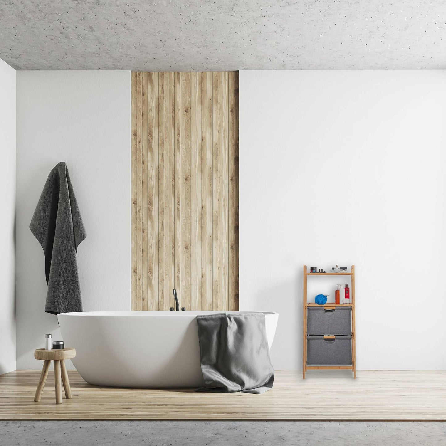 Bathroom shelf with laundry baskets