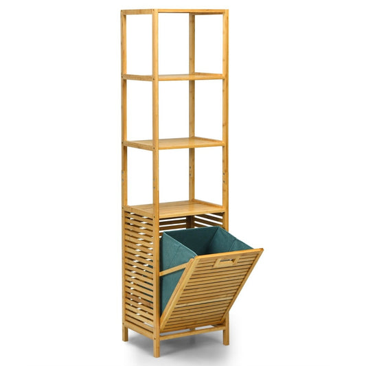 Bathroom tall cabinet with laundry basket made of bamboo with shelves ideal for bathroom 40 x 33 x 160 cm natural