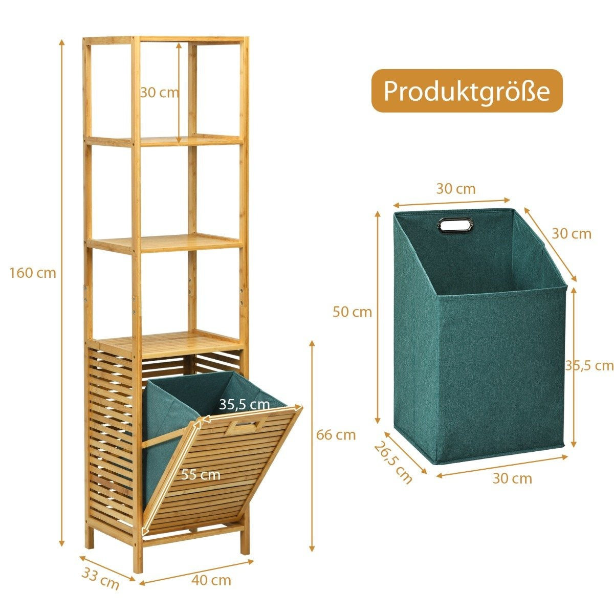 Bathroom tall cabinet with laundry basket made of bamboo with shelves ideal for bathroom 40 x 33 x 160 cm natural