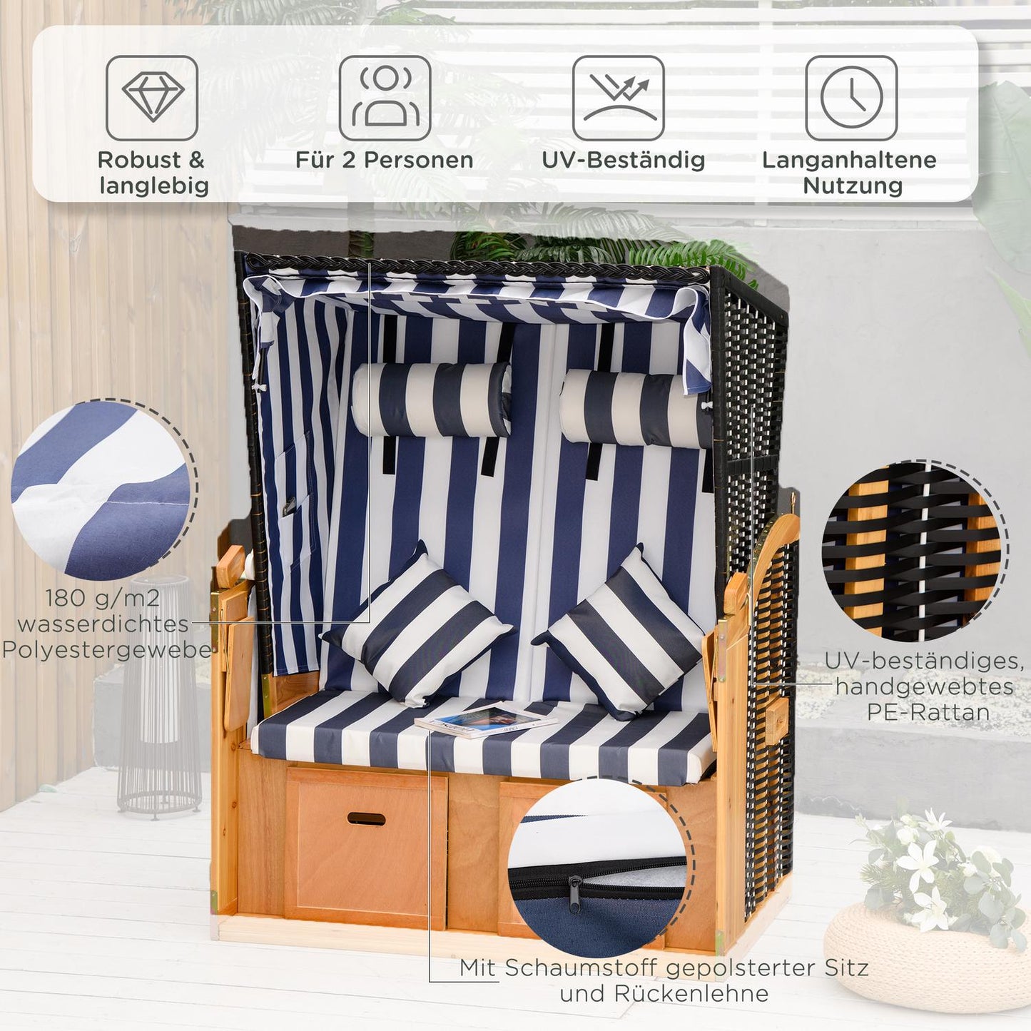 Double sun lounger with roof, cup holder, PE rattan