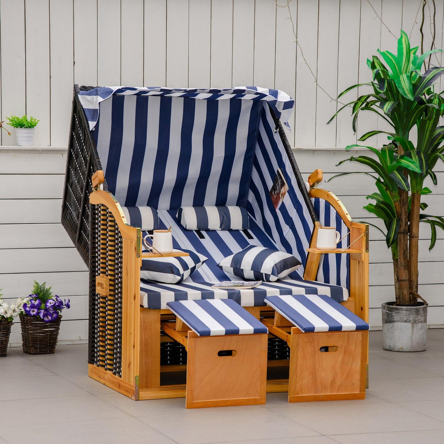 Double sun lounger with roof, cup holder, PE rattan