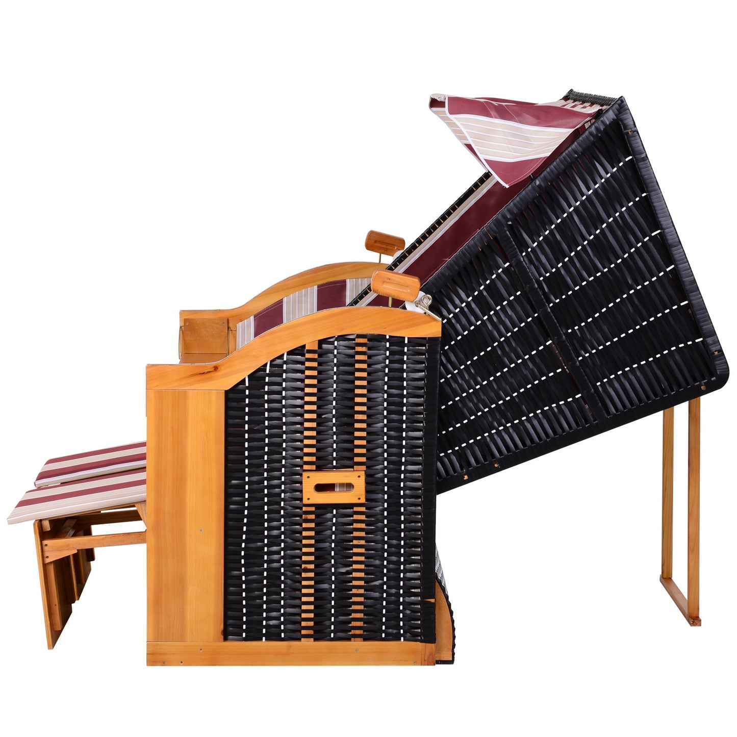 Double sun lounger with roof and drink holder, red/white