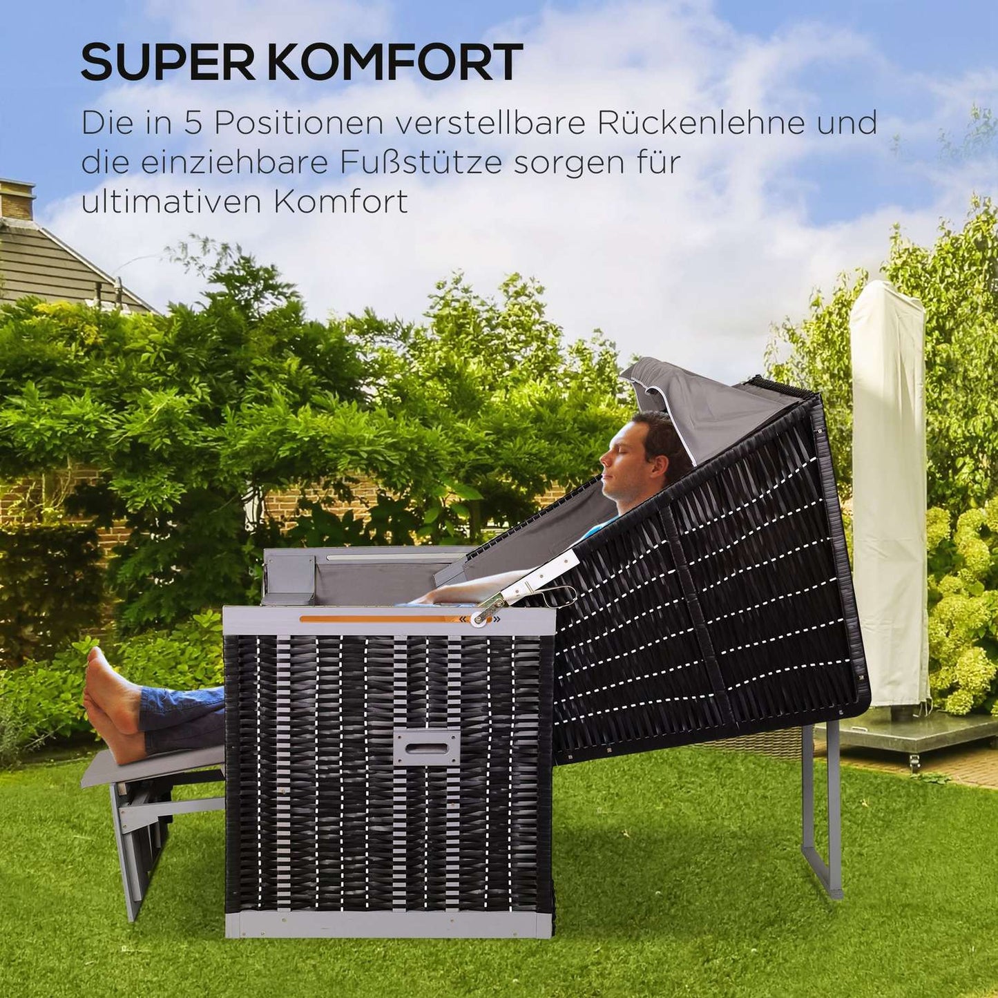 Double armchair sun lounger, PE rattan, cup holder, grey