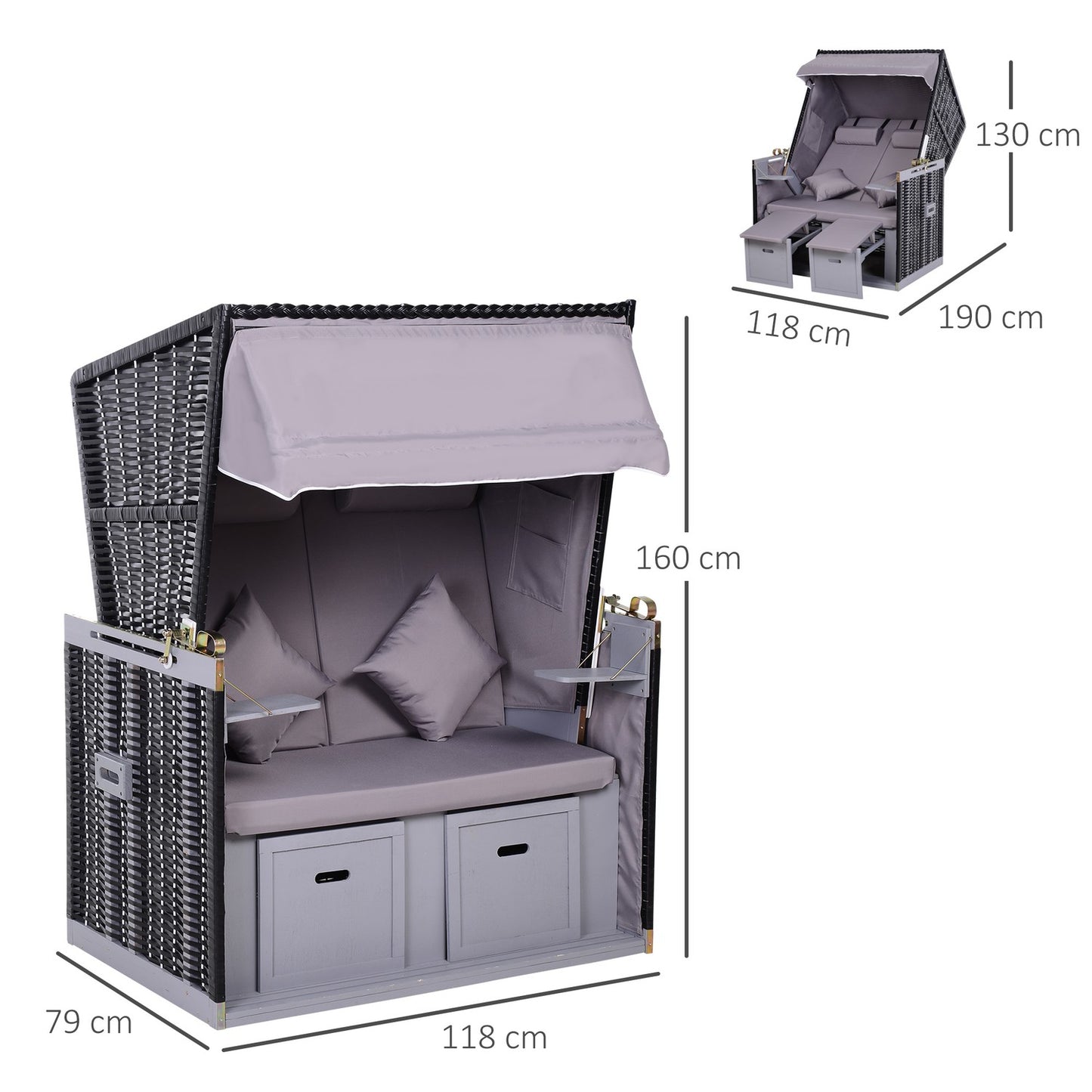 Double armchair sun lounger, PE rattan, cup holder, grey