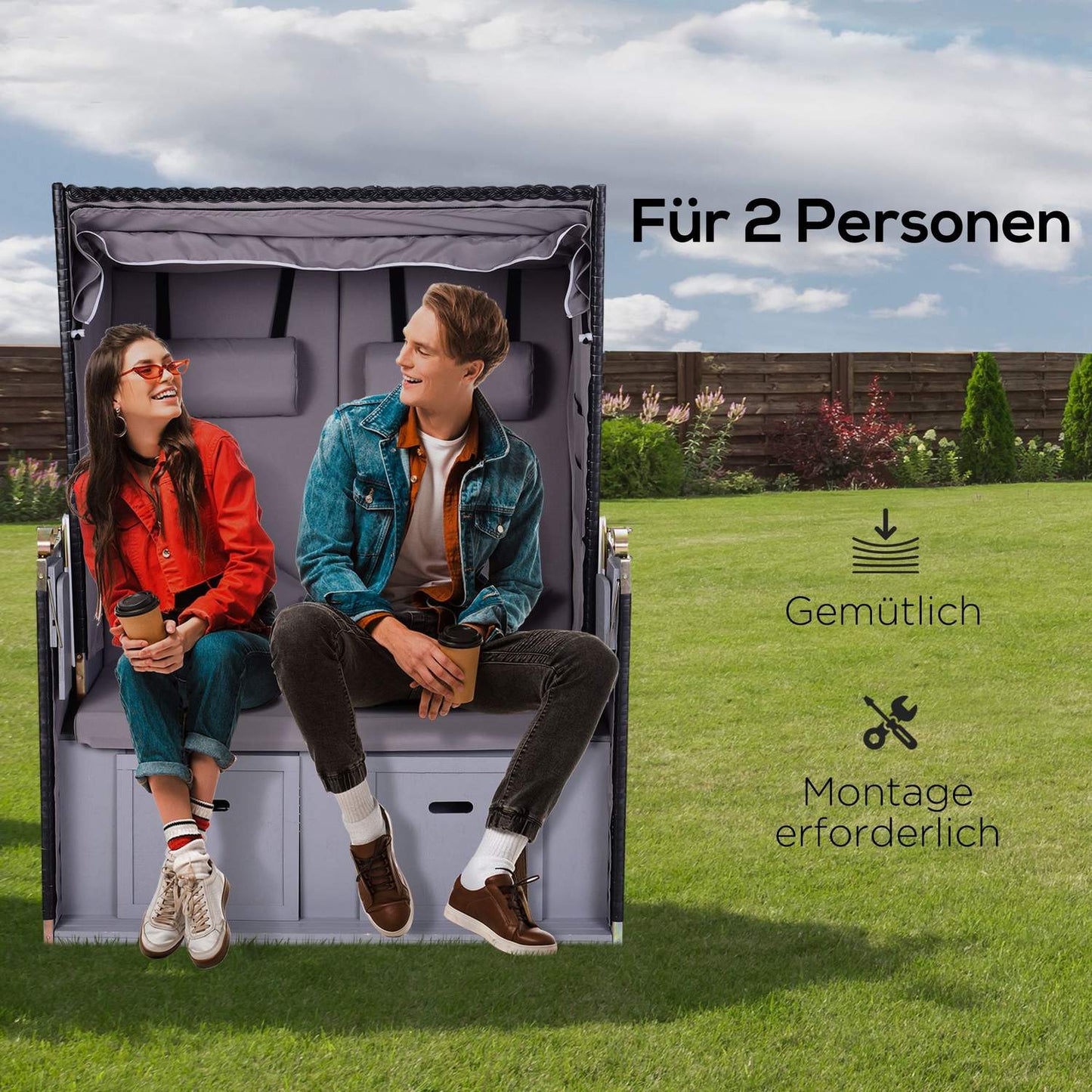 Double armchair sun lounger, PE rattan, cup holder, grey