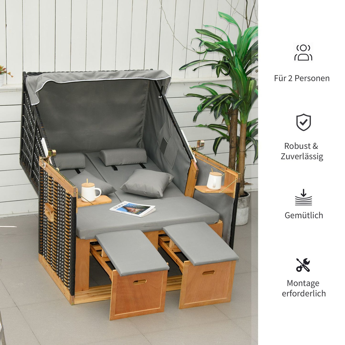 Reclining garden chair with cup holder, light gray rattan