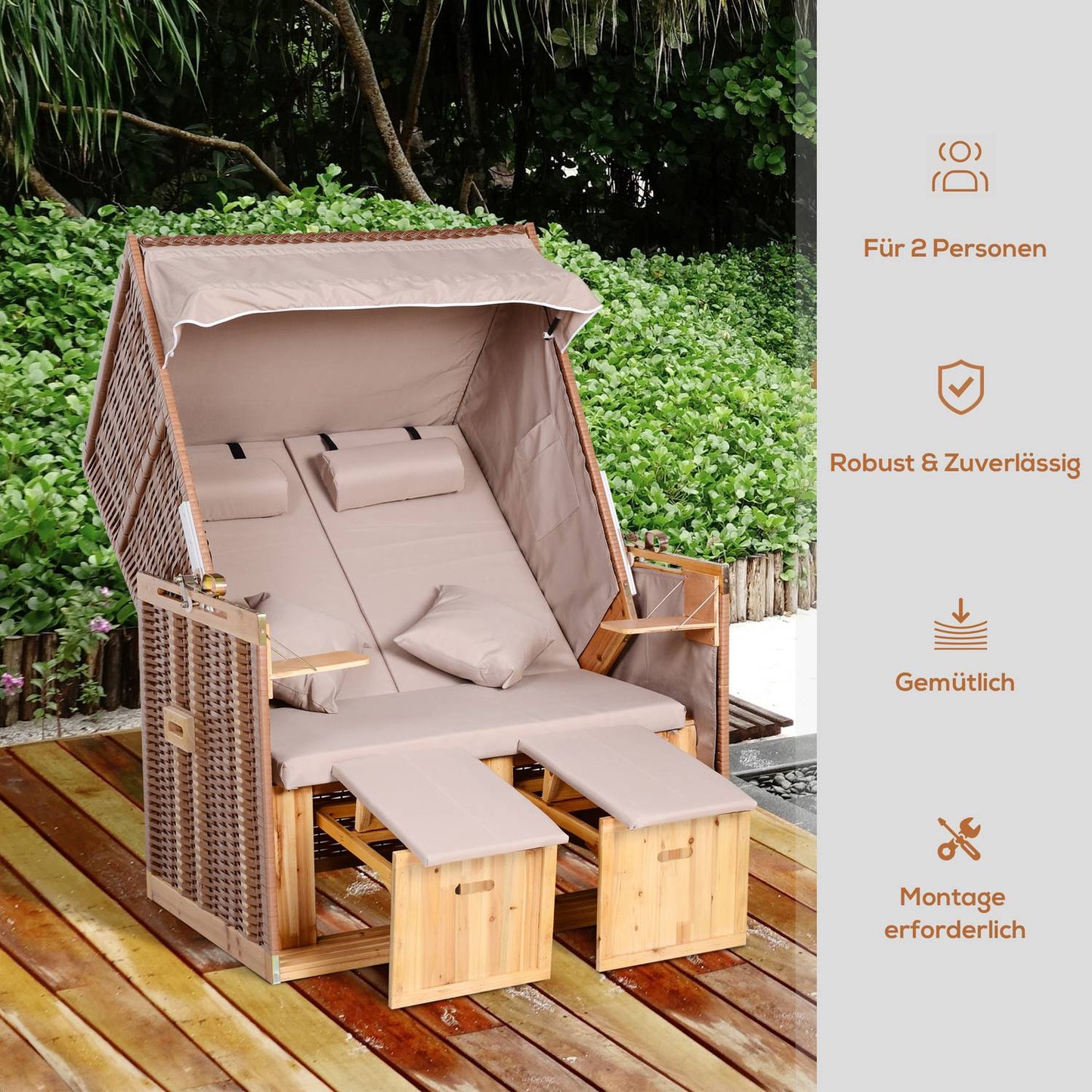 Beige PE rattan beach chair set with stool & table, 118x79x160 cm