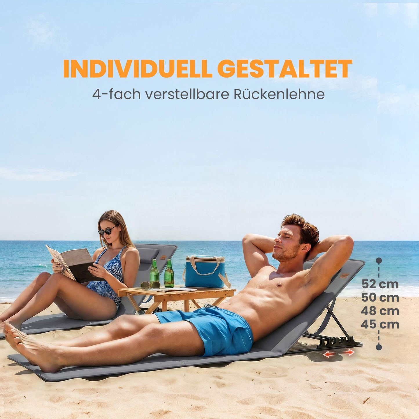 Beach Lounger Set, Adjustable Backrest, Portable, 2-Pack