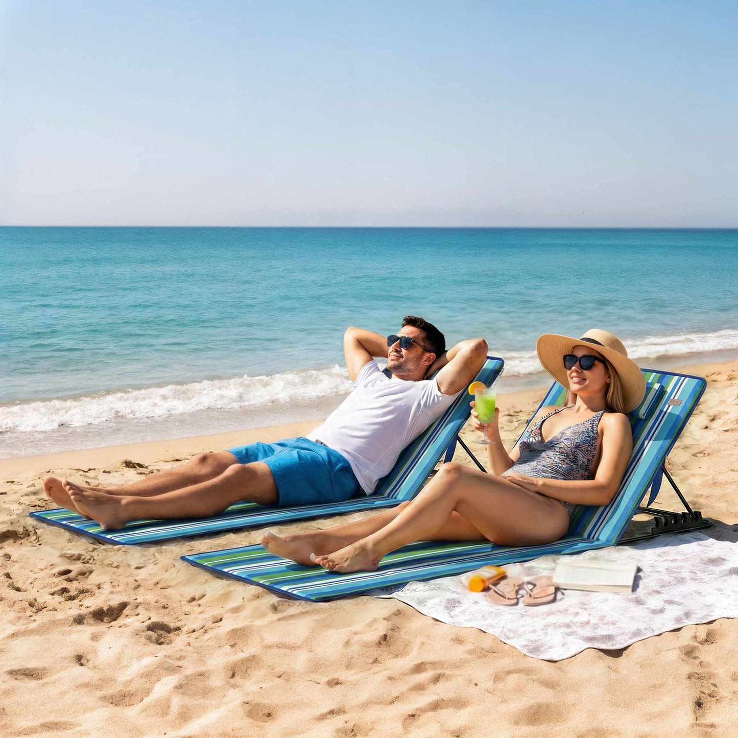 Beach Lounger Set of 2 with Adjustable Backrest and Pillow