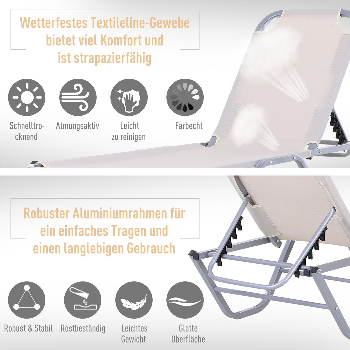 Adjustable sun lounger in aluminium, Beige 163x58.5x91 Cm
