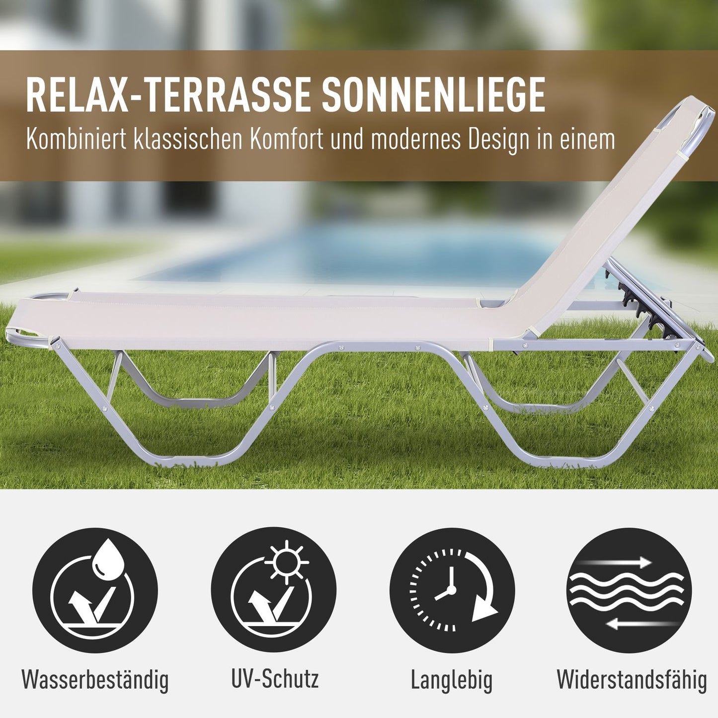 Adjustable sun lounger in aluminium, Beige 163x58.5x91 Cm