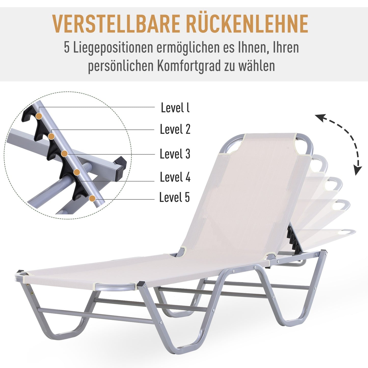 Adjustable sun lounger in aluminium, Beige 163x58.5x91 Cm