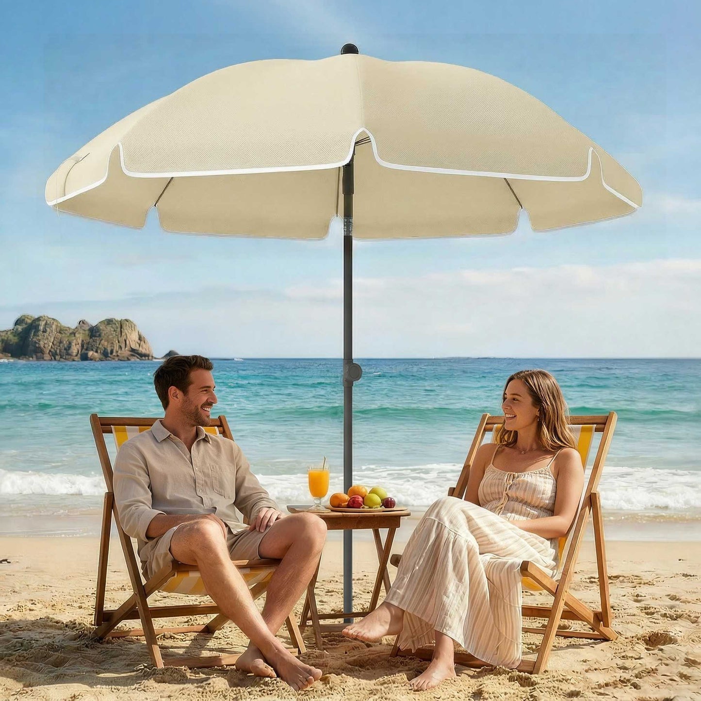 Beach Umbrella Ø150 cm, Adjustable Tilt, Sand Anchor, Beige