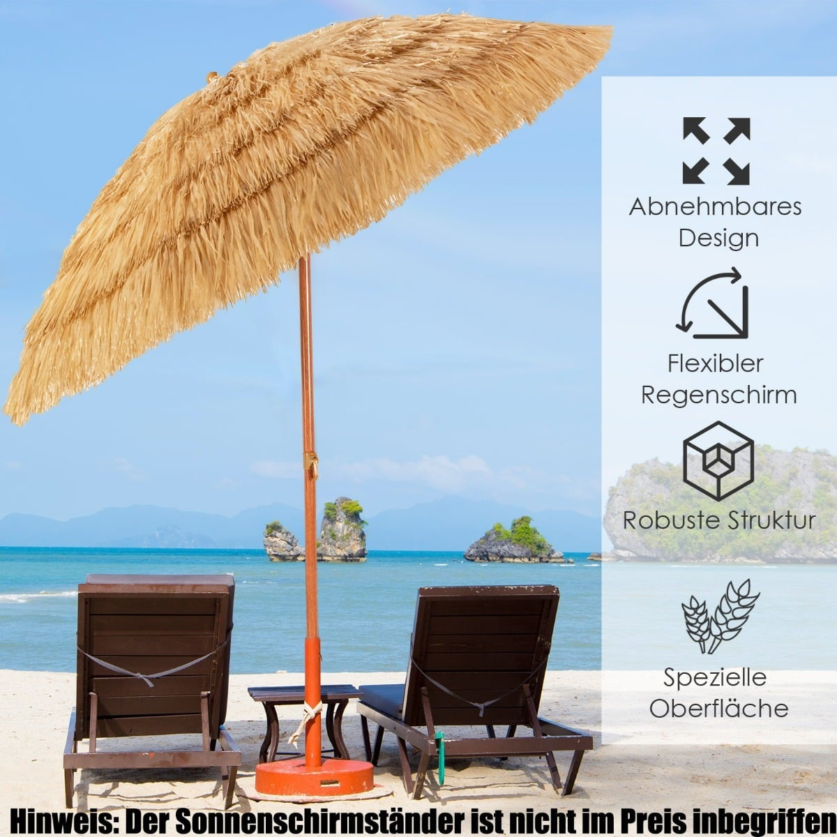 Beach Umbrella 175 cm, Adjustable Tilt, White/Beige