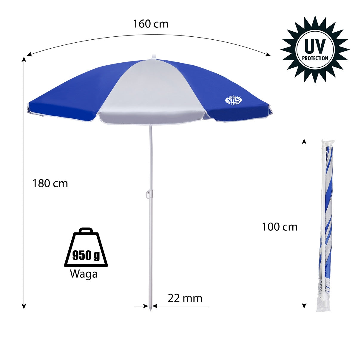 Beach Umbrella 180 cm, UV Protection