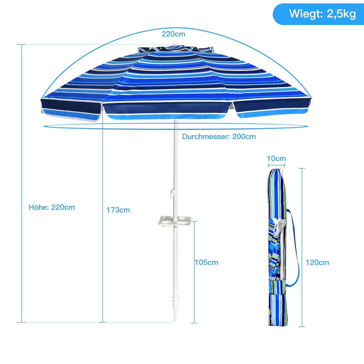 Beach Umbrella 2.2m UPF50+ Portable Sunshade Dark Blue