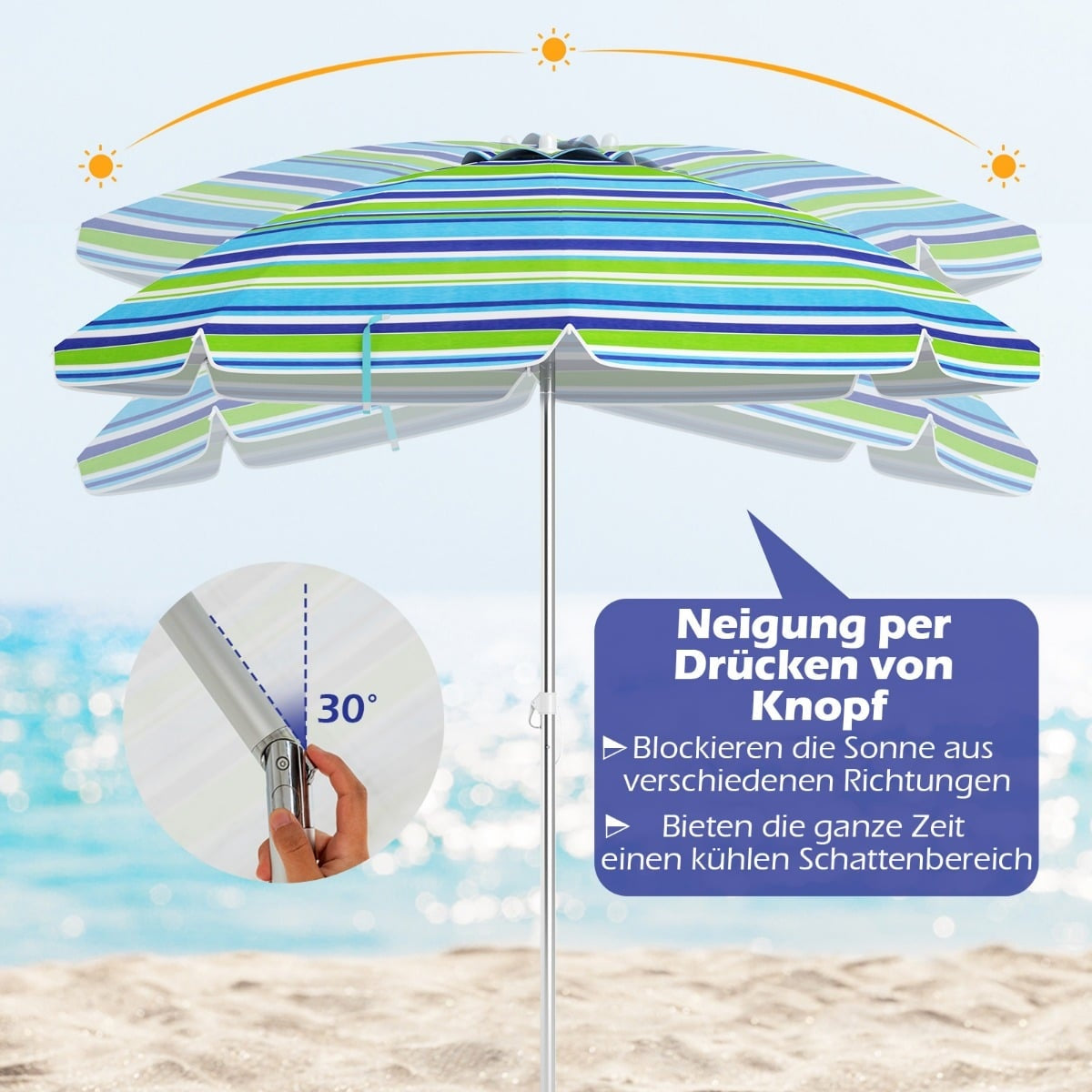 Beach Umbrella, Portable Tilt Sunshade, Blue/Green