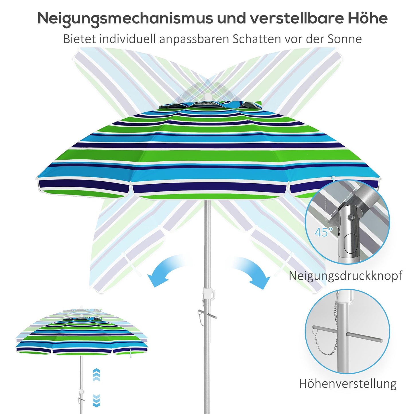 Beach Umbrella, UV 40+ Protection, Adjustable Height