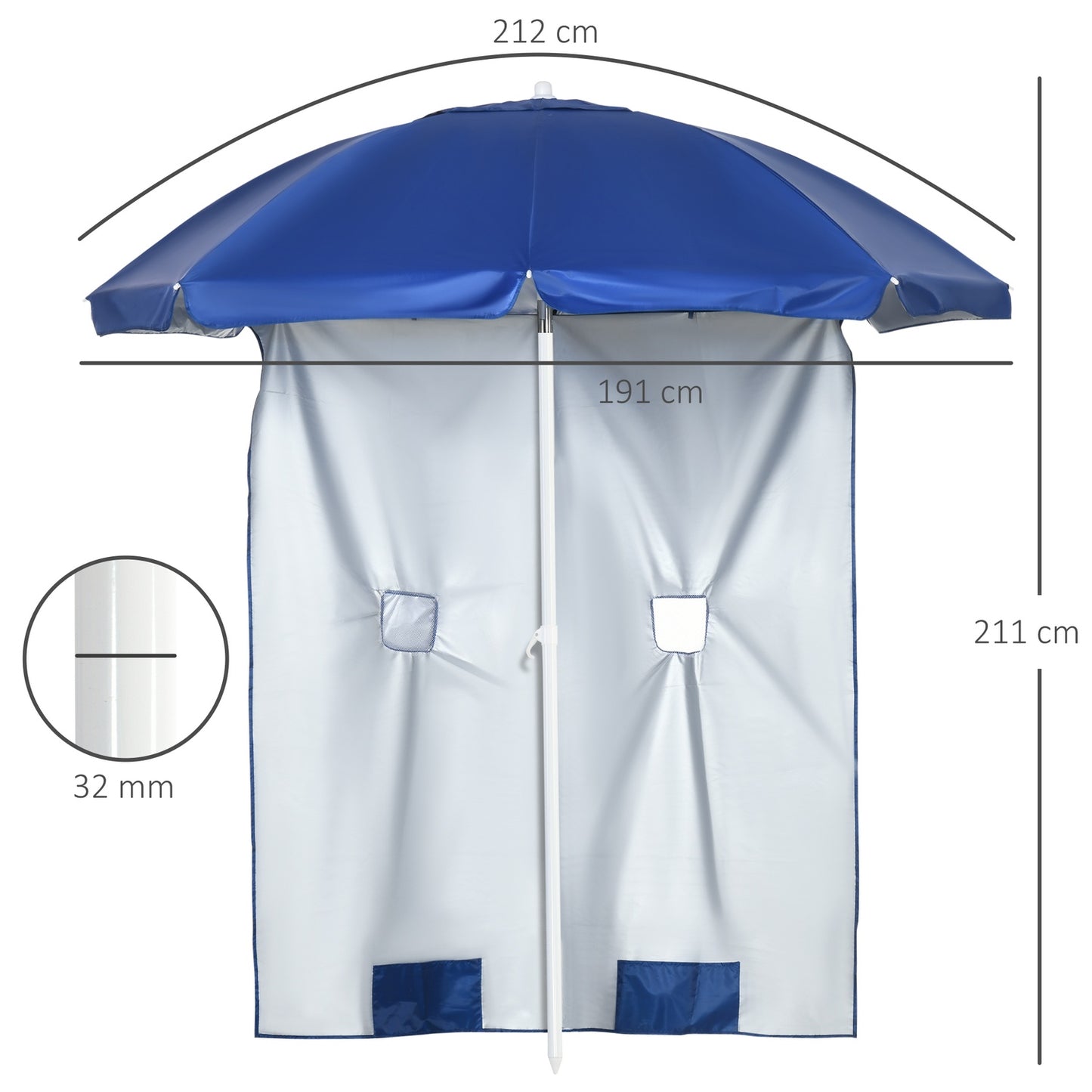 Tiltable parasol 191cm - side wall, pockets, blue