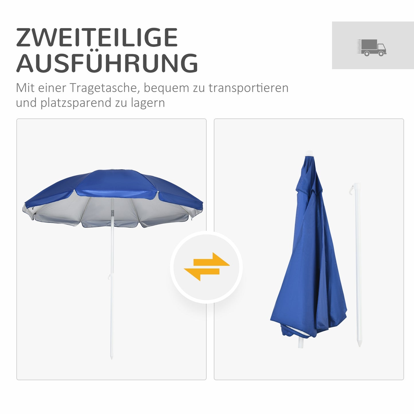 Tiltable parasol 191cm - side wall, pockets, blue