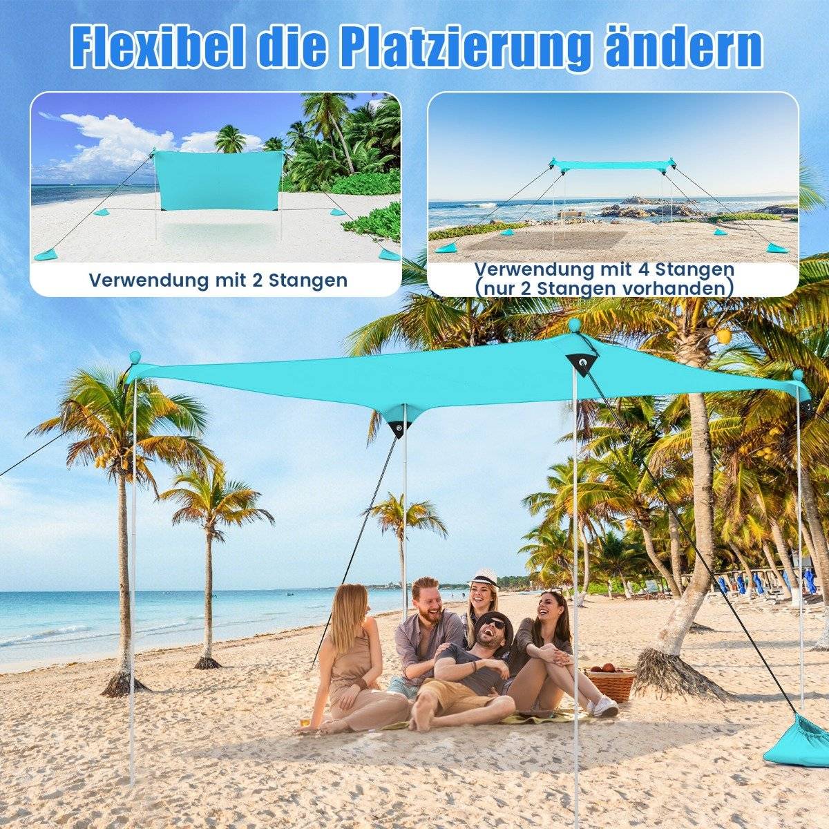 Beach tent 230 x 200 cm UPF 50+ sun tent with sand anchors, sandbags and 2 support poles, turquoise
