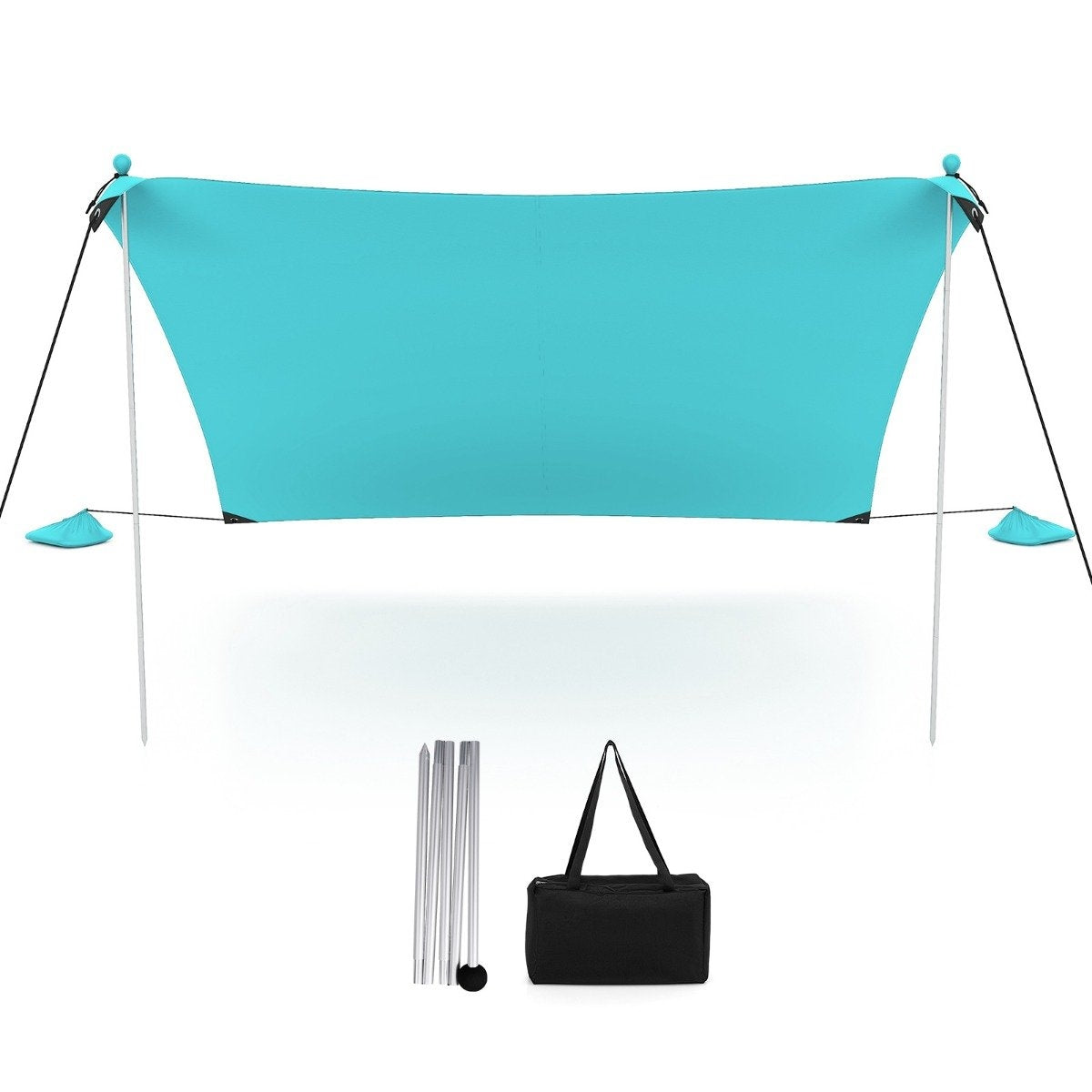 Beach tent 230 x 200 cm UPF 50+ sun tent with sand anchors, sandbags and 2 support poles, turquoise