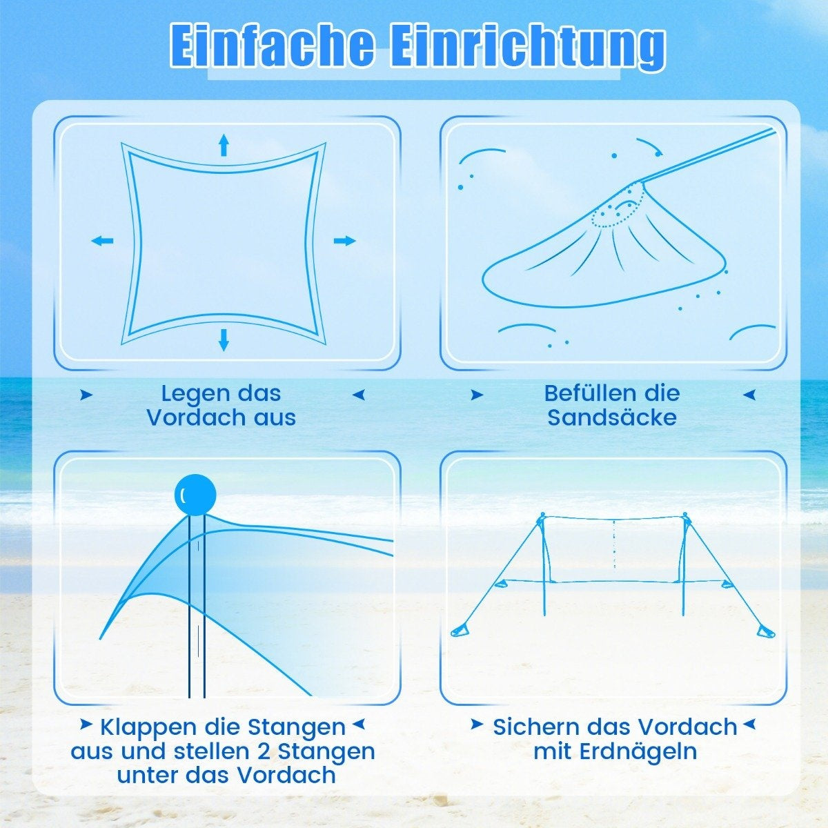 Beach tent 230 x 200 cm UPF 50+ sun tent with sand anchors, sandbags and 2 support poles, turquoise