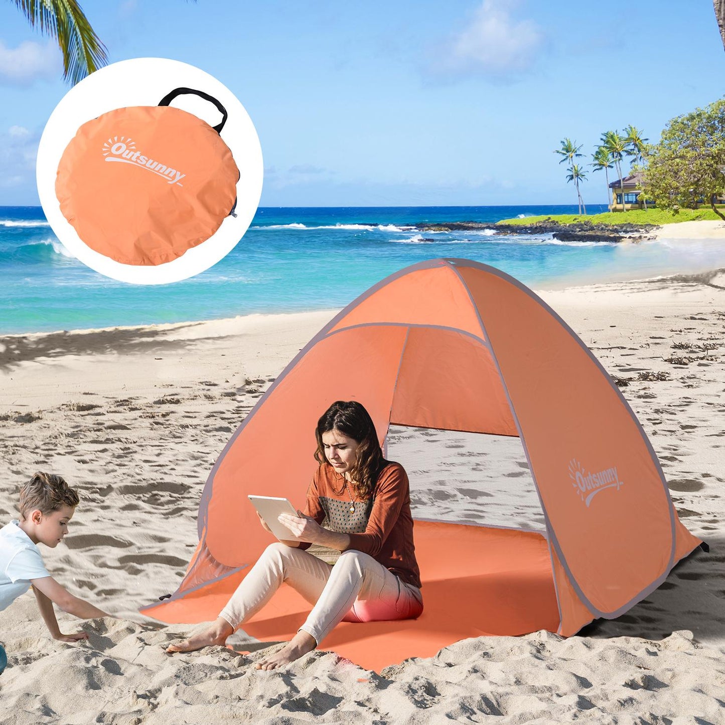 Pop-up beach tent, automatic installation, UV protection, orange