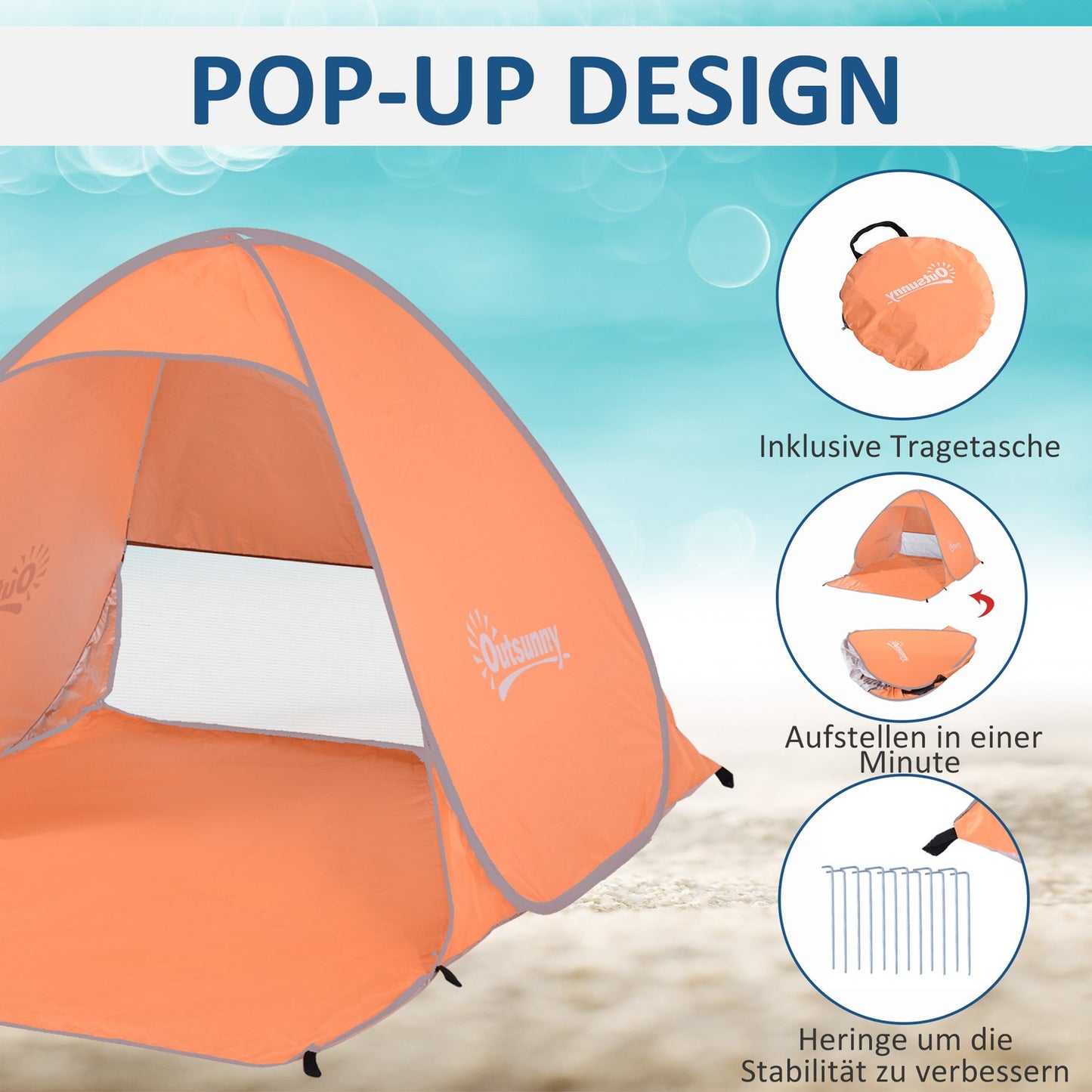 Pop-up beach tent, automatic installation, UV protection, orange