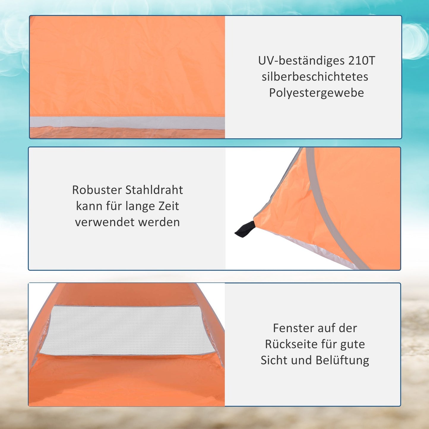 Pop-up beach tent, automatic installation, UV protection, orange