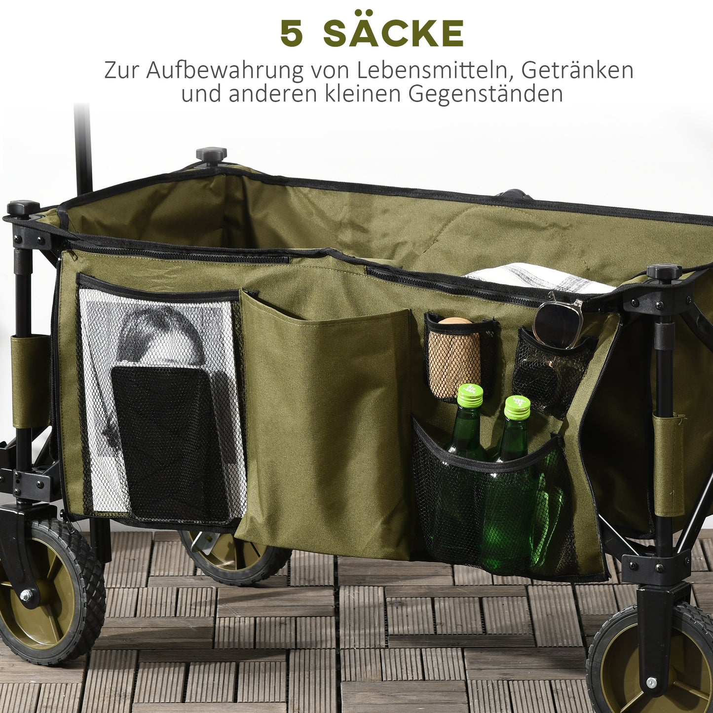 Folding beach cart - adjustable, 4 wheels, removable bags