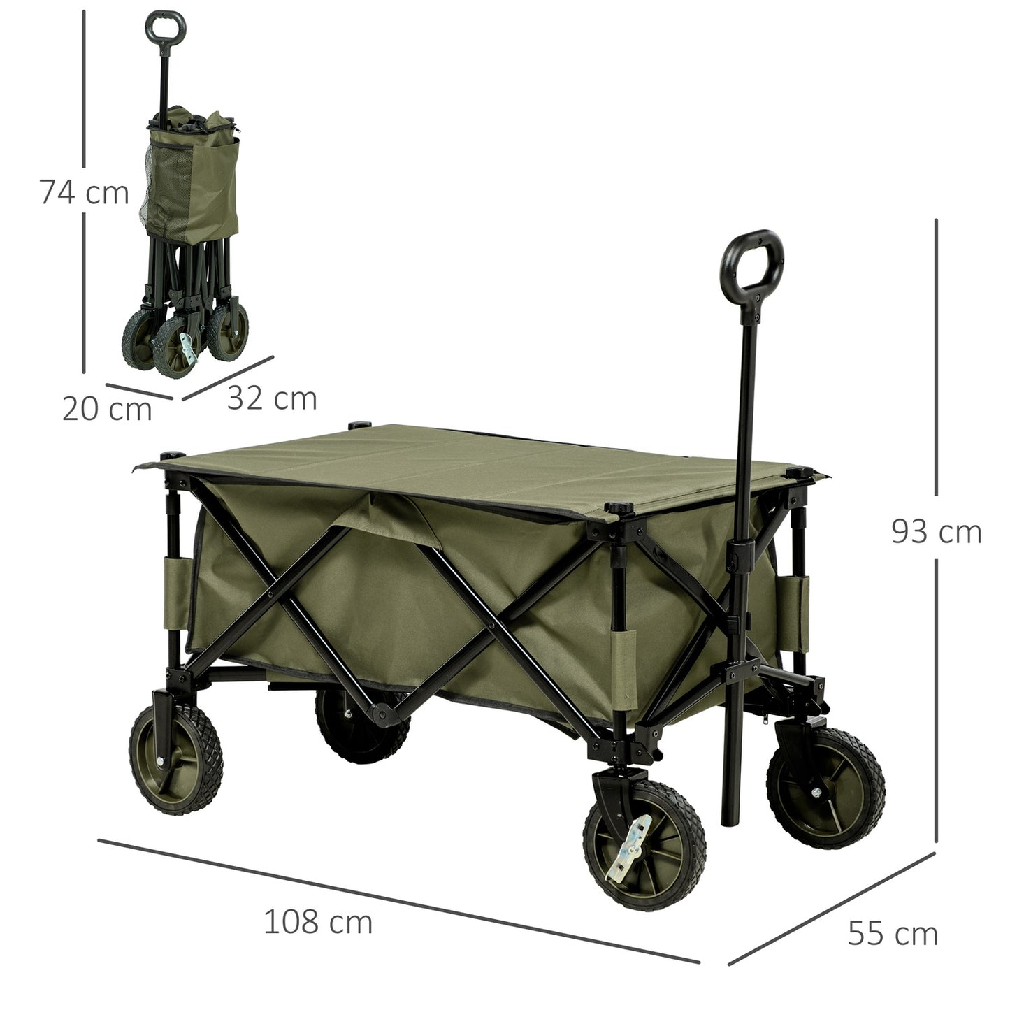 Folding beach cart - adjustable, 4 wheels, removable bags