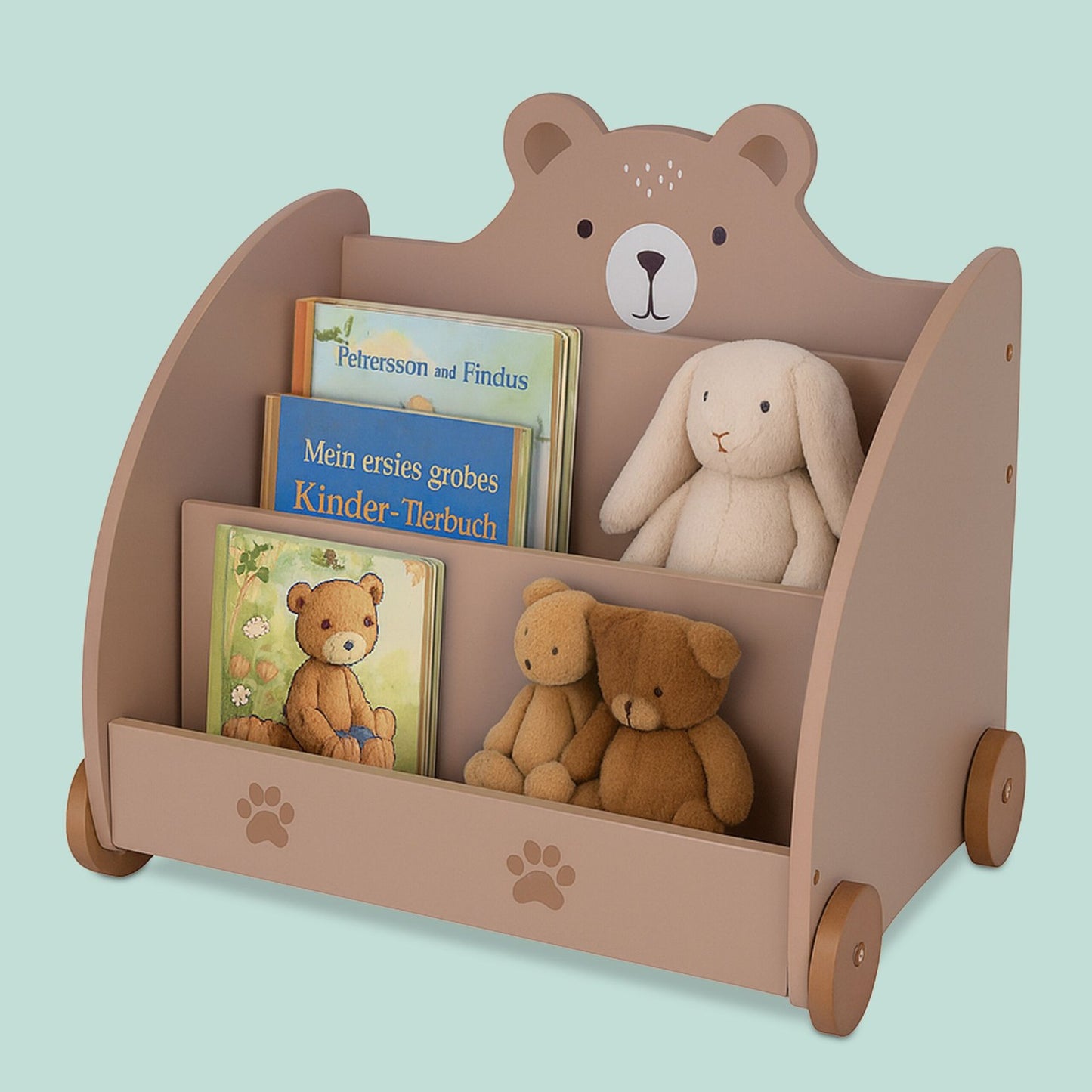 Bear-Themed Kids Bookcase with Wheels and Storage