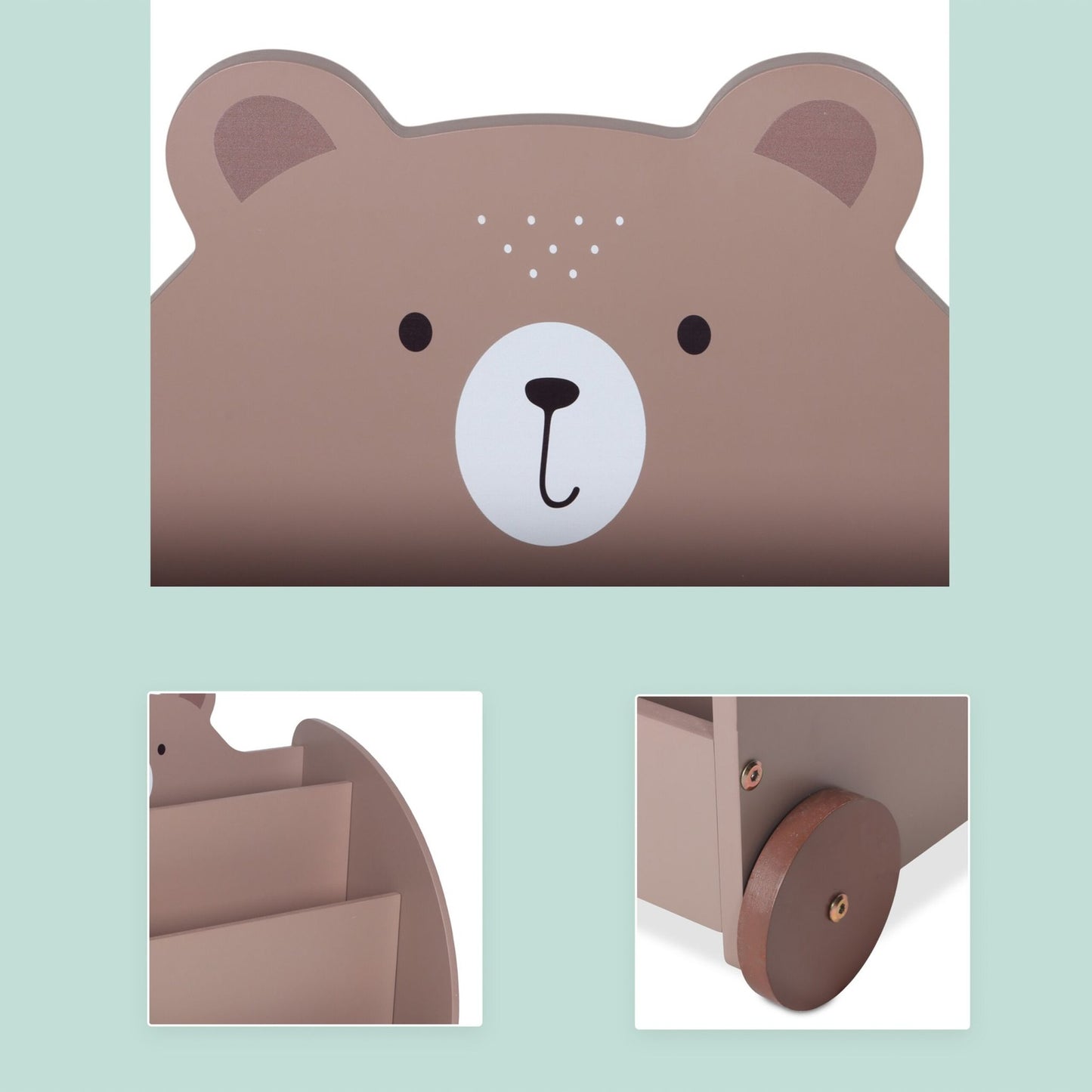 Bear-Themed Kids Bookcase with Wheels and Storage