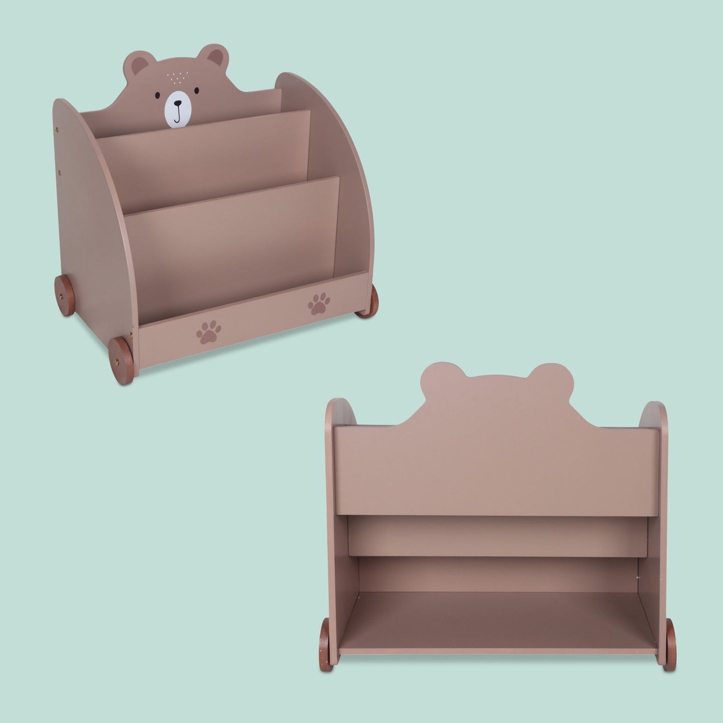 Bear-Themed Kids Bookcase with Wheels and Storage
