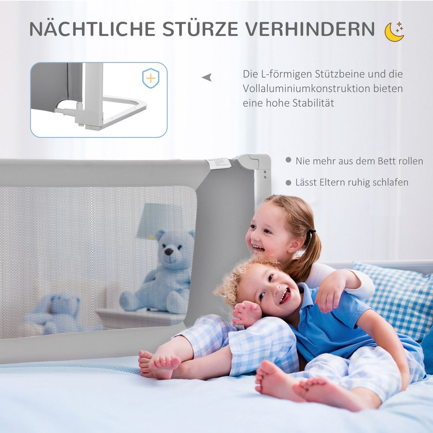Children's bed rail, adjustable, L-shaped legs, gray