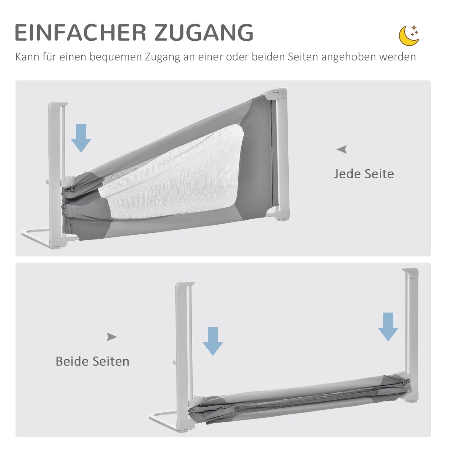 Children's bed rail, adjustable, L-shaped legs, gray