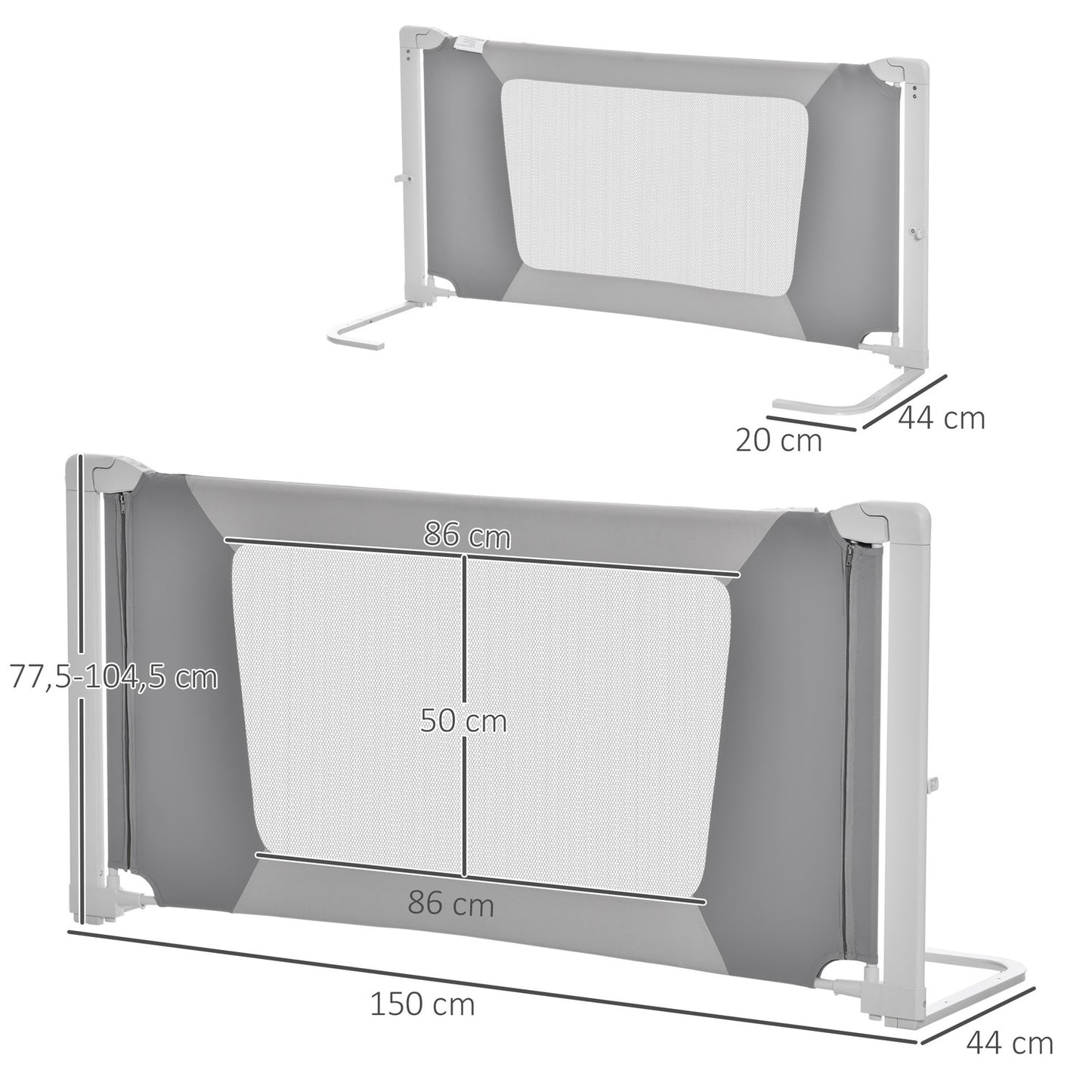 Children's bed rail, adjustable, L-shaped legs, gray