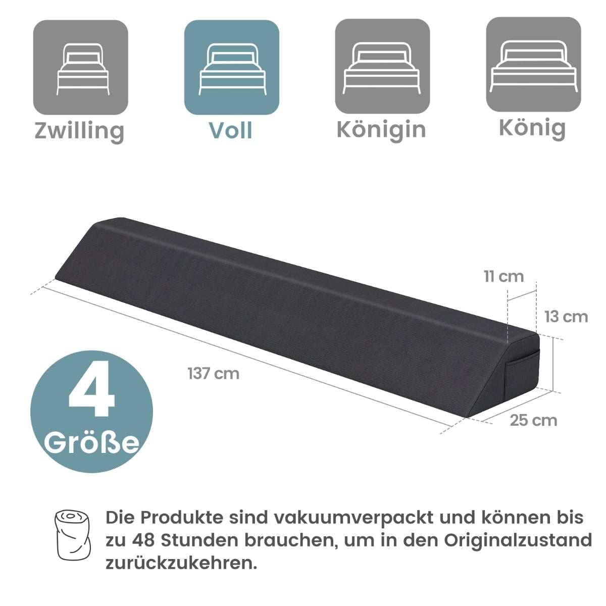 Bed Wedge Pillow with Side Pocket – 137 x 25 x 13 cm, Grey