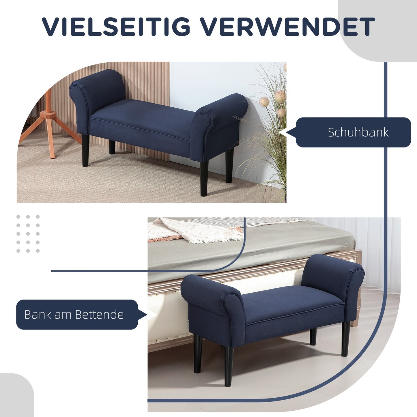 Blue upholstered bed bench, 130 kg Capacity, 102 x 36 x 51 cm