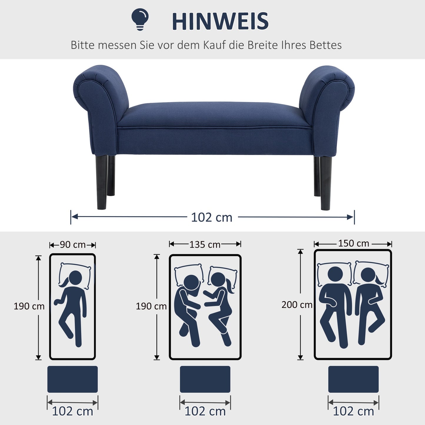 Blue upholstered bed bench, 130 kg Capacity, 102 x 36 x 51 cm