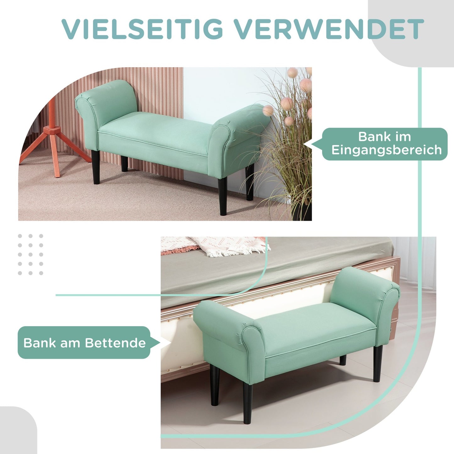 Green upholstered hall bench, 130 kg capacity, 102x36x51 cm