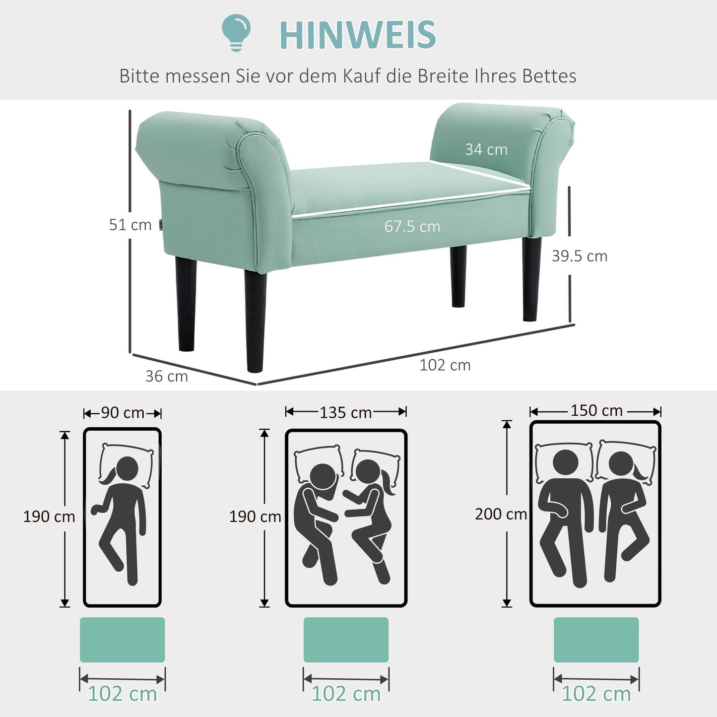 Green upholstered hall bench, 130 kg capacity, 102x36x51 cm