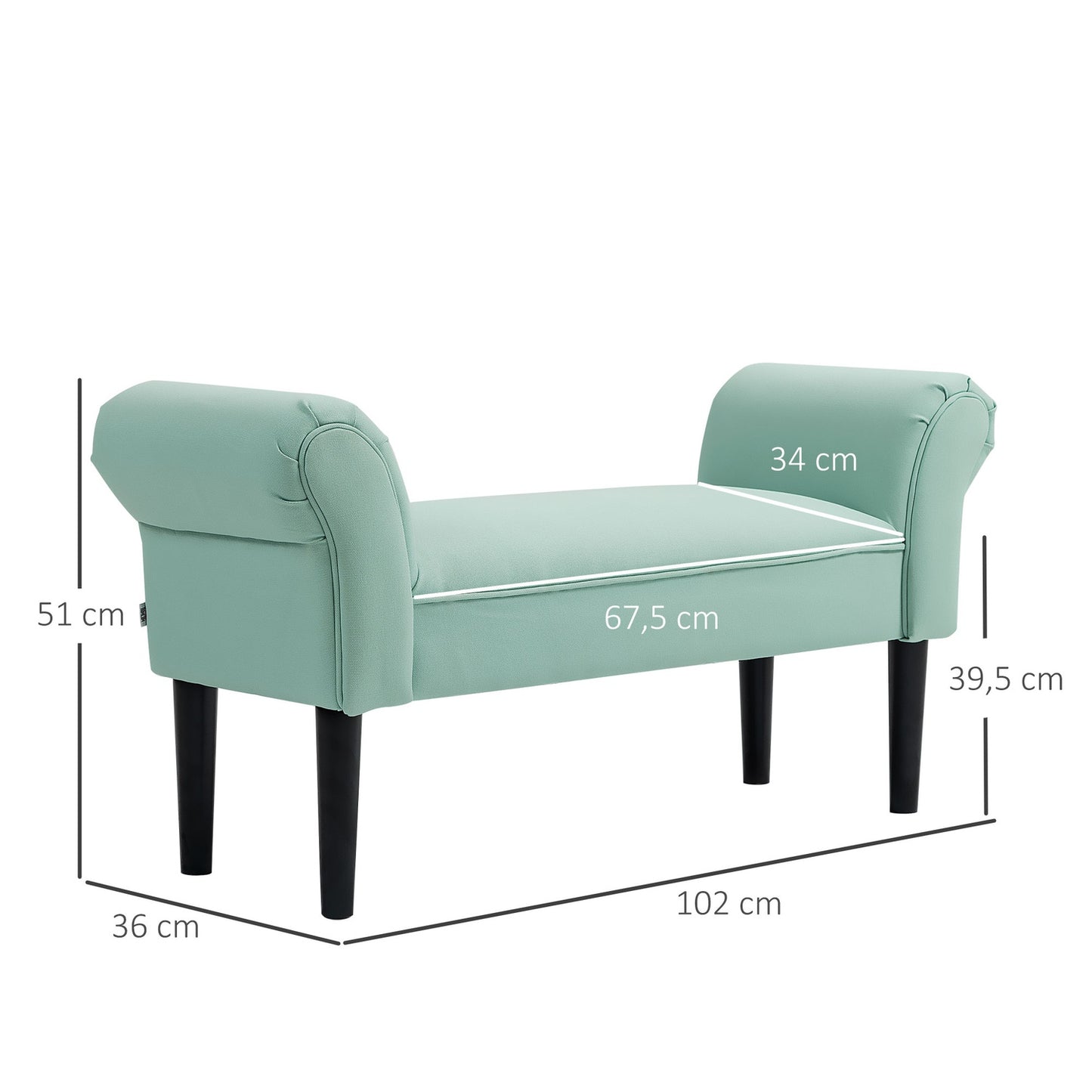 Green upholstered hall bench, 130 kg capacity, 102x36x51 cm